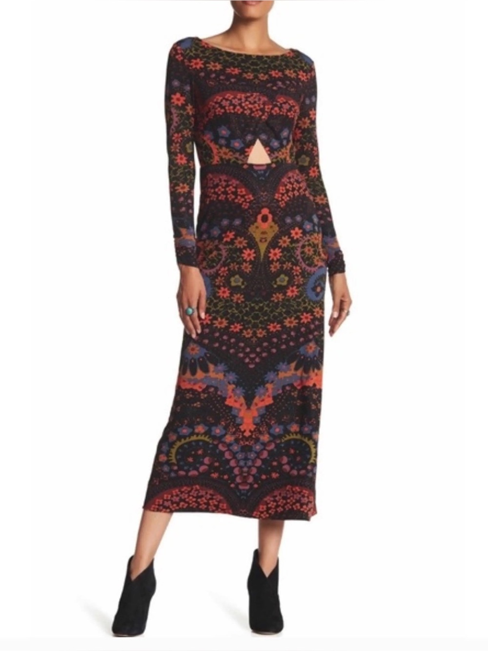 RARE Free People Far Out Retro Boho Hippie Shimmer Printed Stretch Maxi Dress.